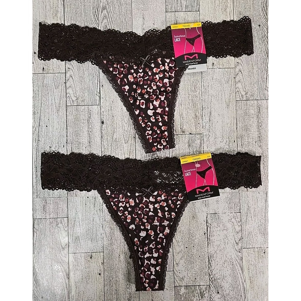 Maidenform THONG Panties 6 Medium Sexy Lace Cocoa Cat Print Lot of 2